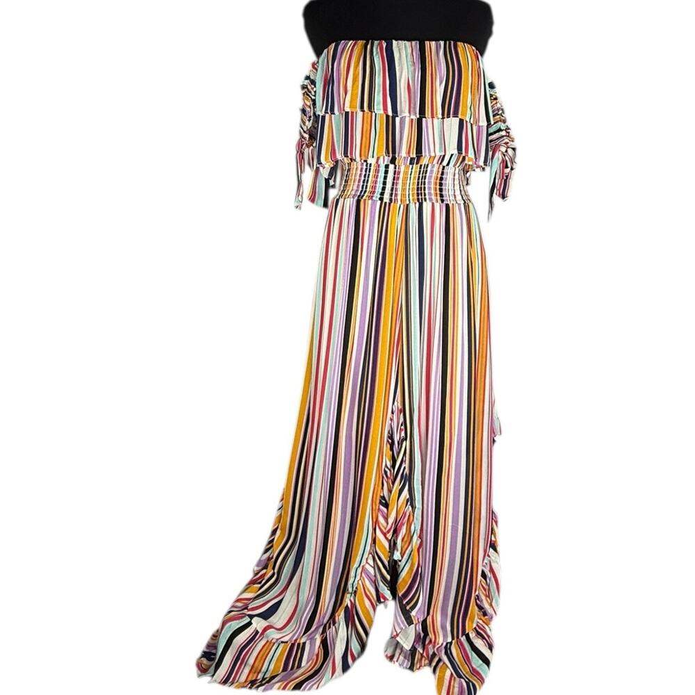 Off Shoulder Flowy Striped Ruffle Boho Beach Cruise Resort Maxi Dress Sz M NWT
